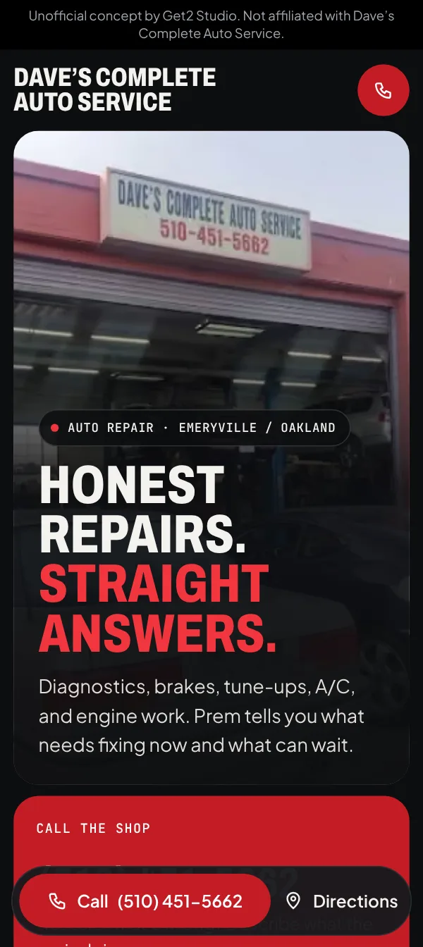 Dave’s Complete Auto Service concept homepage on a phone