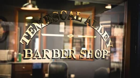 Gold “Temescal Alley Barber Shop” lettering on the front window